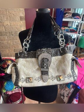 Rustic Couture Western Rhinestone Buckle Shoulder Bag Cream Brown Croc Purse